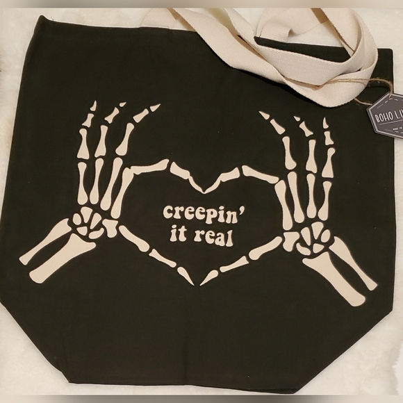 Creepin It Real Halloween Skeleton Jumbo Reusable Canvas Tote Bag 20"×20" - Picture 1 of 2